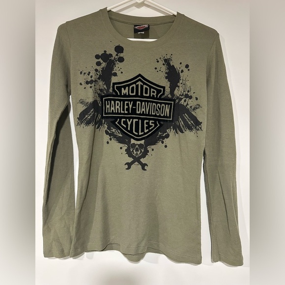 Harley-Davidson Tops - Harley Davidson Long Sleeve Thermal Womens Green Skull Cross Wrench Medium